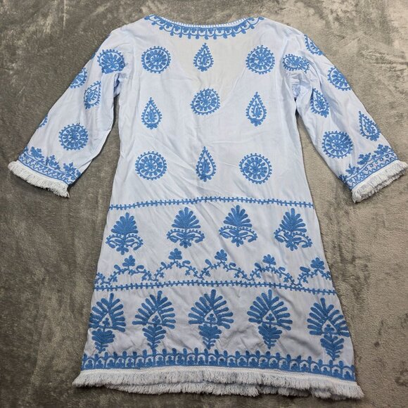 Pranella Aggie Dress Womens Small Blue Embroidered Fringe Boho Beach Cover Up - Picture 8 of 10
